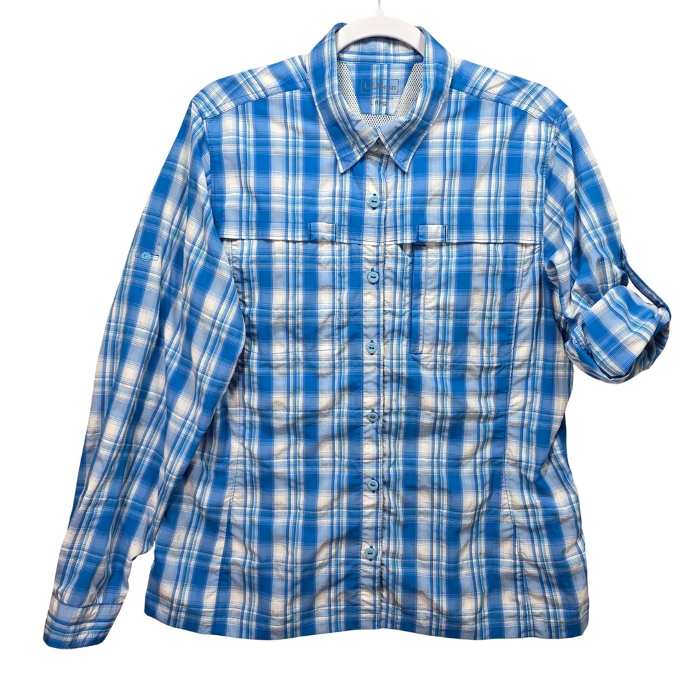 LL Bean Fishing Shirt Womens L Plaid Vented Roll Tab Sleeve Hiking Blue Pockets